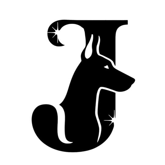 Doberman silhouette with a J and two stars.